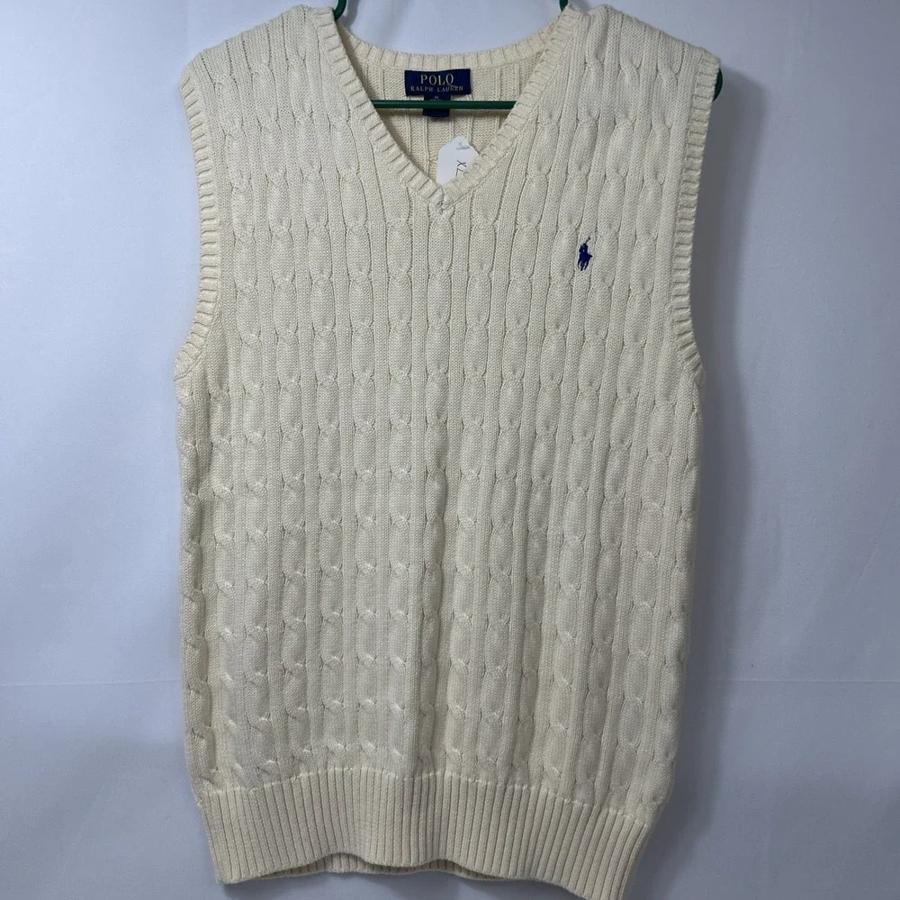 Polo Ralph Lauren Boys XL 18-20 Cream Cotton Cable Knit V-Neck Sweater Vest Kids